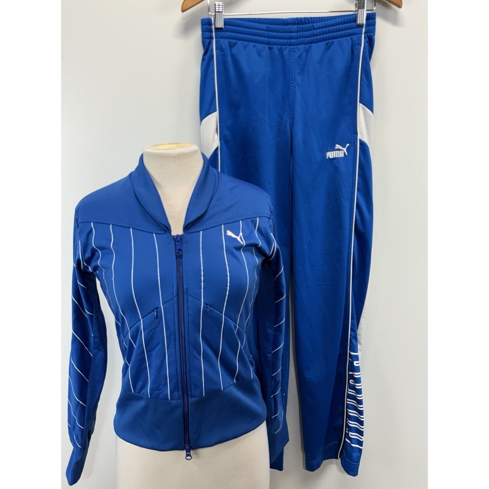 Vtg Puma 2 Pc Tracksuit Set Women's S Blue Full Zip Jacket Pants Ankle Zips Y2K